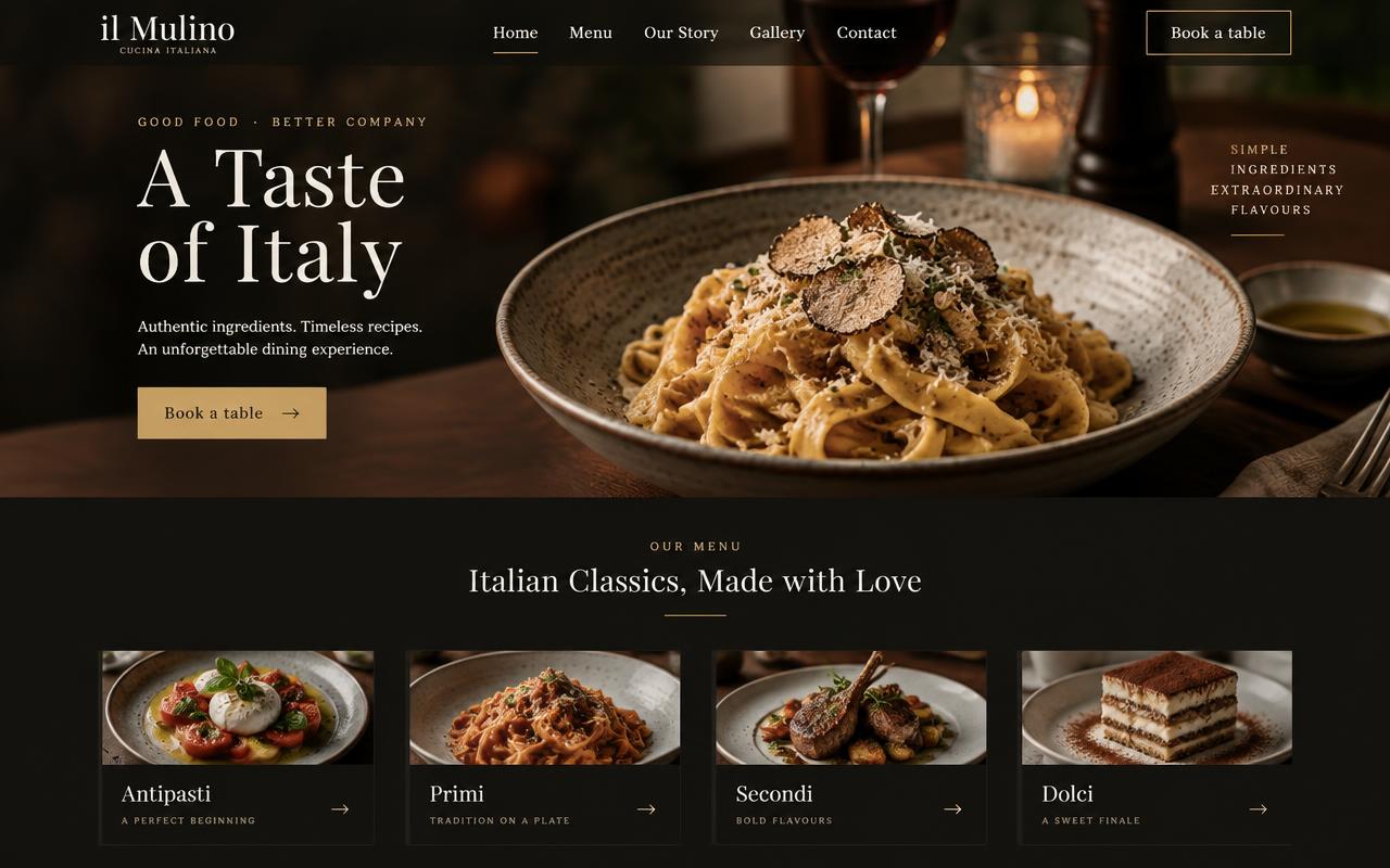 Example website design for a restaurant